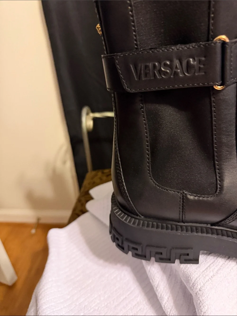 Versace Black Leather Buckle Chelsea Boot with Greek Key Sole